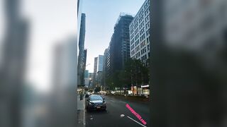 Violet peeing at the bus stop